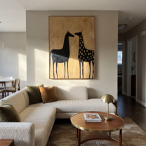 Moonlit Horse Guard the Silence - two horse painting by Isabelle Laurent, modern Western vertical wall art – styled room scene view 4