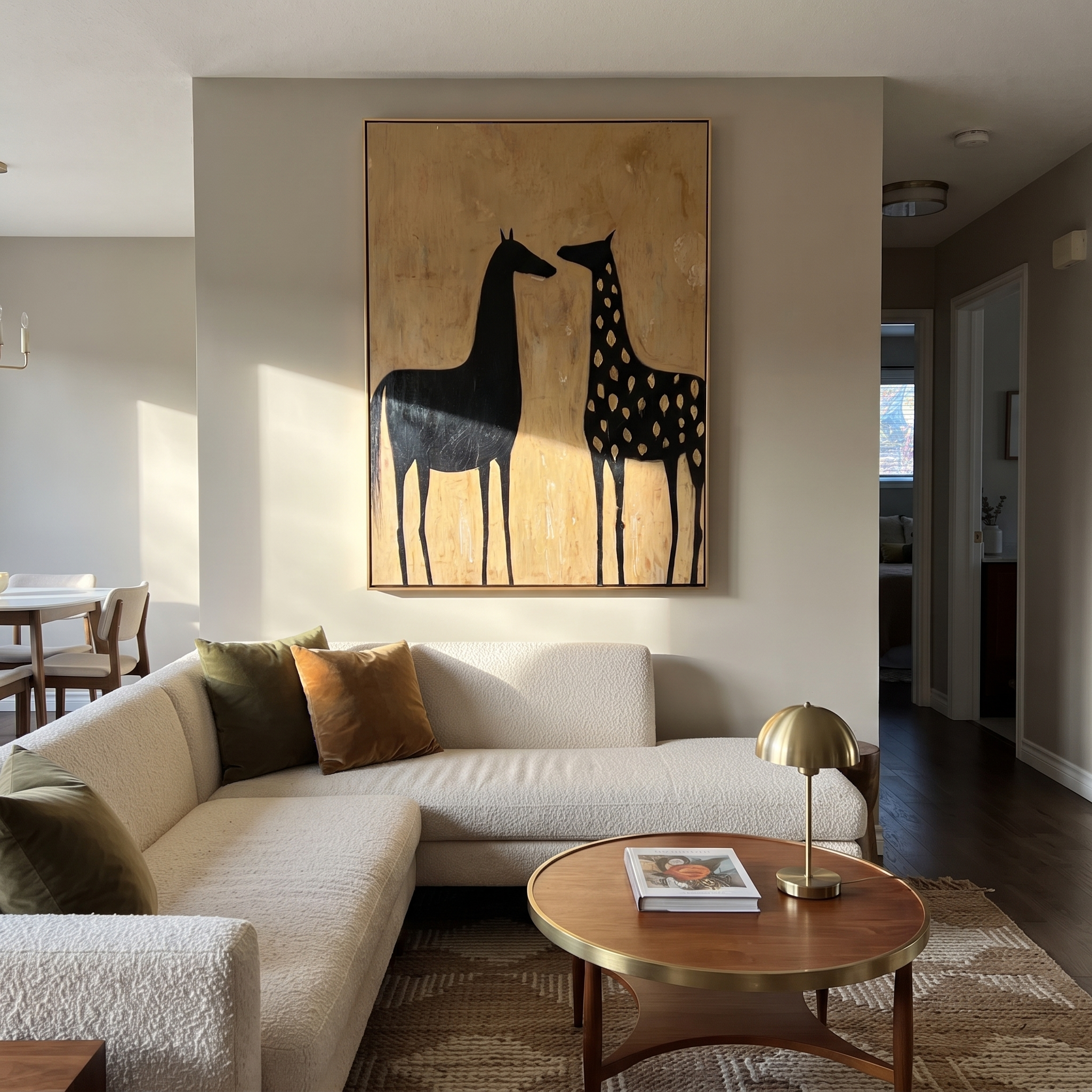 Moonlit Horse Guard the Silence - two horse painting by Isabelle Laurent, modern Western vertical wall art – styled room scene view 4