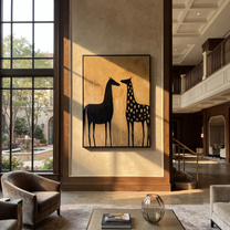 Moonlit Horse Guard the Silence - two horse painting by Isabelle Laurent, modern Western vertical wall art – styled room scene view 5