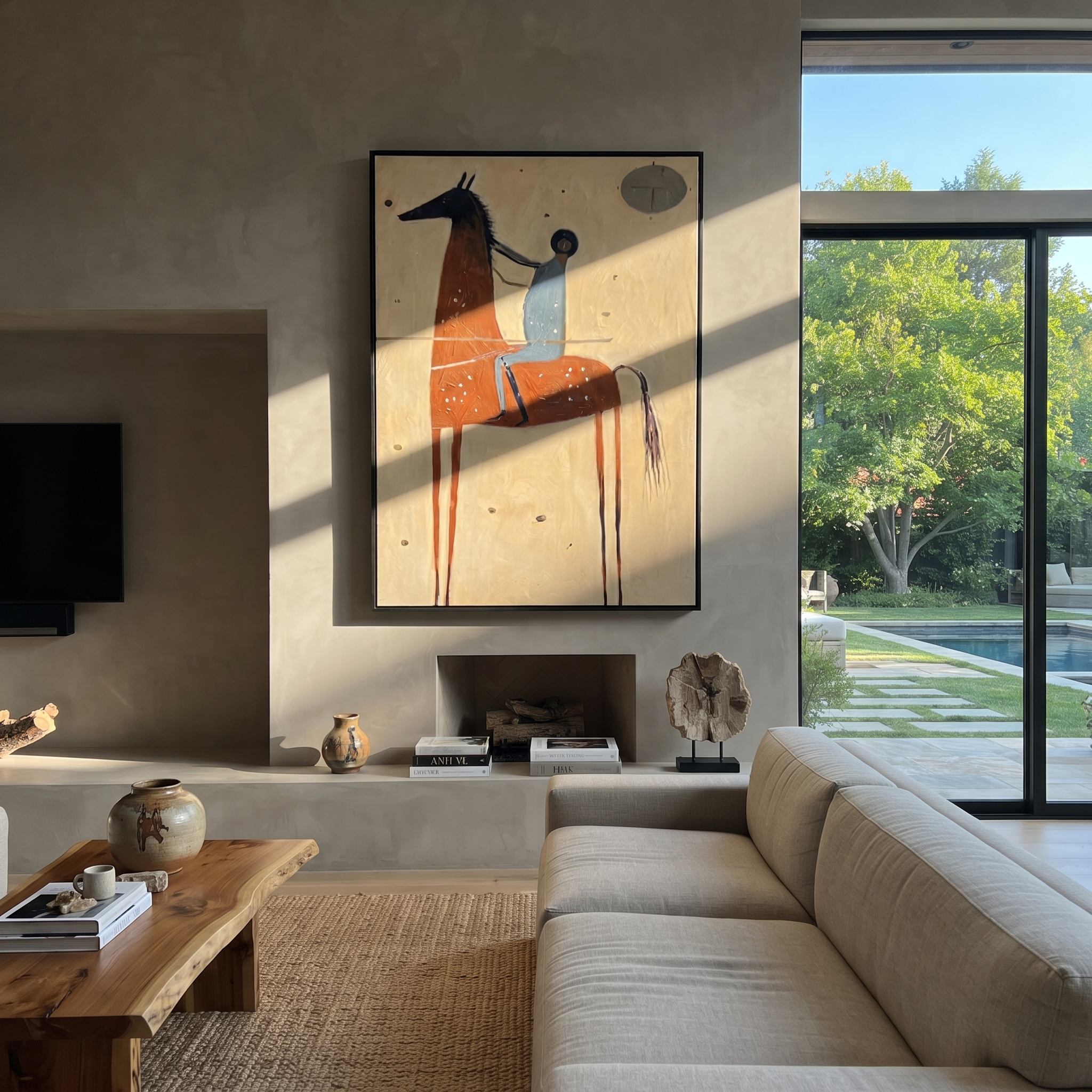 Wild Grace Guard the Silence - horse and rider painting by Isabelle Laurent, modern Western vertical wall art – styled room scene view 1