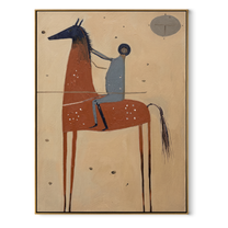 Wild Grace Guard the Silence - horse and rider painting by Isabelle Laurent, modern Western vertical wall art – wood frame on white background