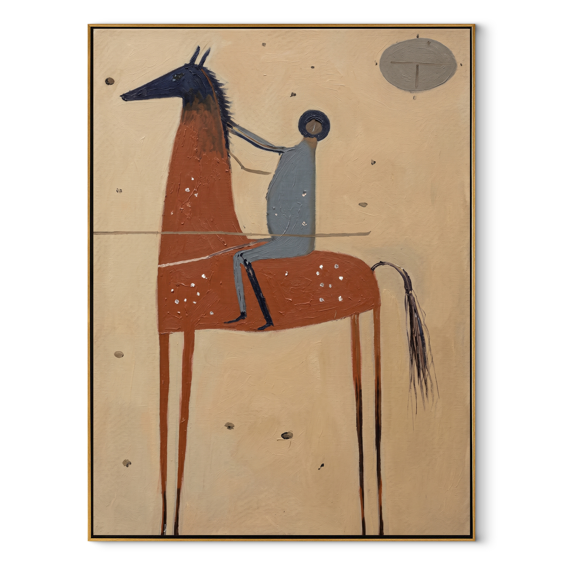 Wild Grace Guard the Silence - horse and rider painting by Isabelle Laurent, modern Western vertical wall art – wood frame on white background