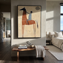 Wild Grace Guard the Silence - horse and rider painting by Isabelle Laurent, modern Western vertical wall art – styled room scene view 4