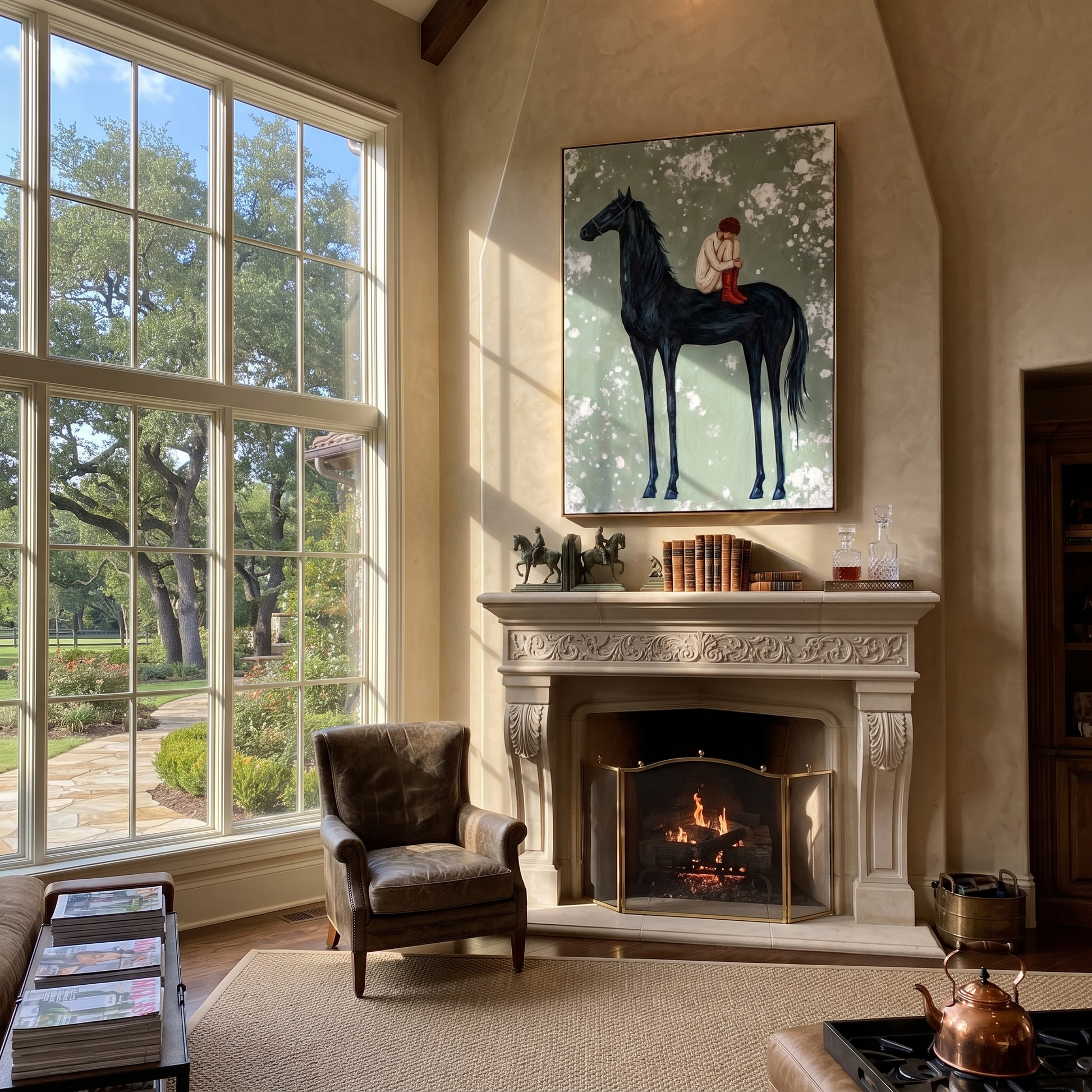 Sage Horizon Guard the Silence - figure and horse painting by Isabelle Laurent, modern Western vertical wall art – styled room scene view 1