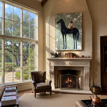 Sage Horizon Guard the Silence - figure and horse painting by Isabelle Laurent, modern Western vertical wall art – styled room scene view 1