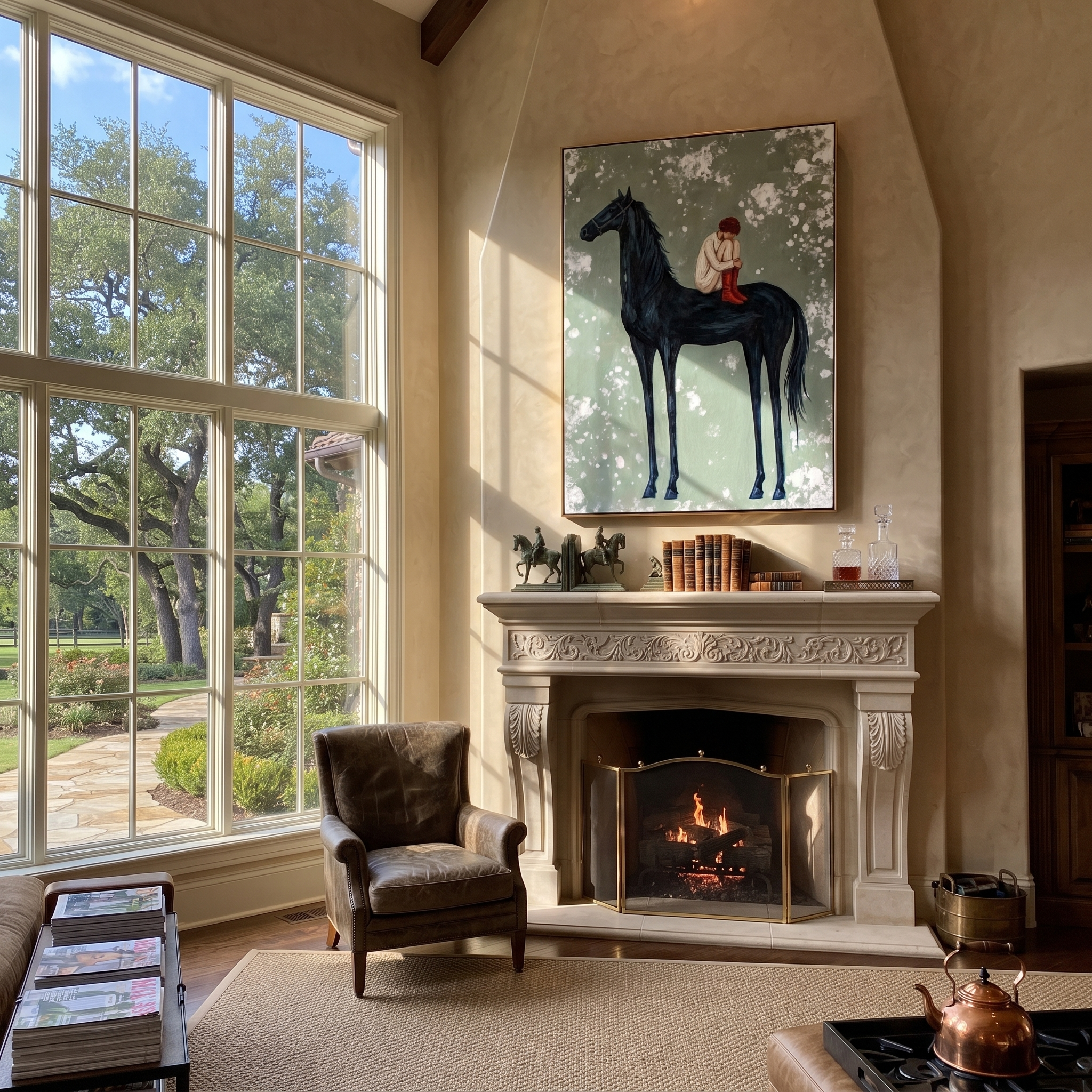 Sage Horizon Guard the Silence - figure and horse painting by Isabelle Laurent, modern Western vertical wall art – styled room scene view 1
