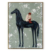 Sage Horizon Guard the Silence - figure and horse painting by Isabelle Laurent, modern Western vertical wall art – wood frame on white background