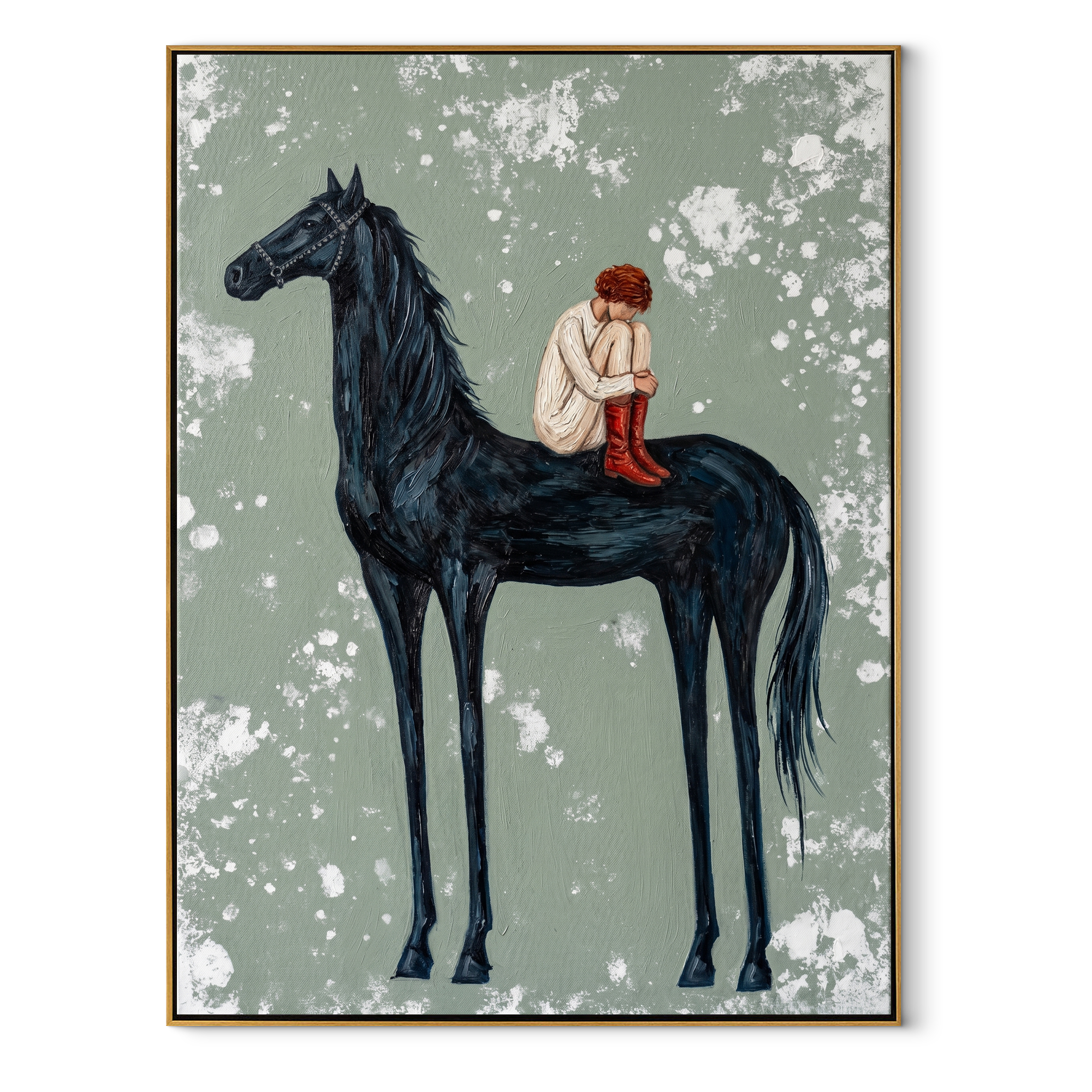 Sage Horizon Guard the Silence - figure and horse painting by Isabelle Laurent, modern Western vertical wall art – wood frame on white background