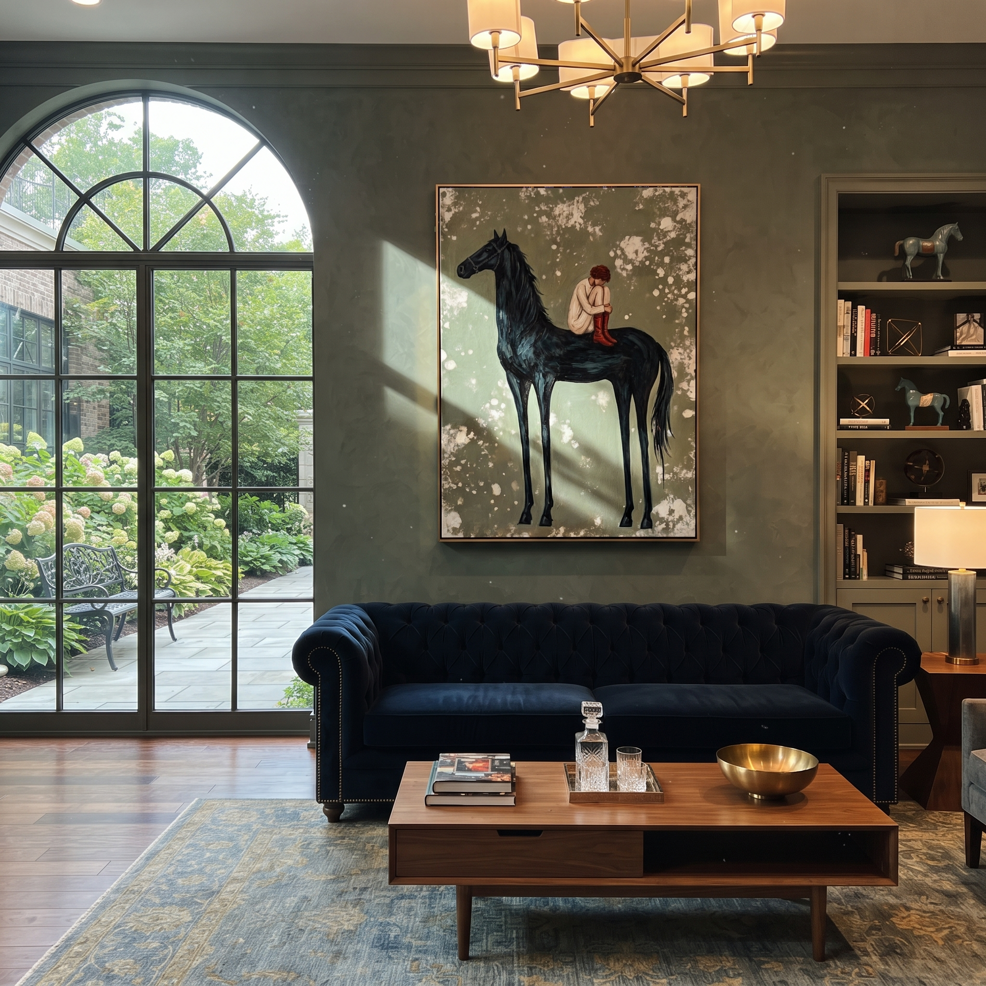 Sage Horizon Guard the Silence - figure and horse painting by Isabelle Laurent, modern Western vertical wall art – styled room scene view 2