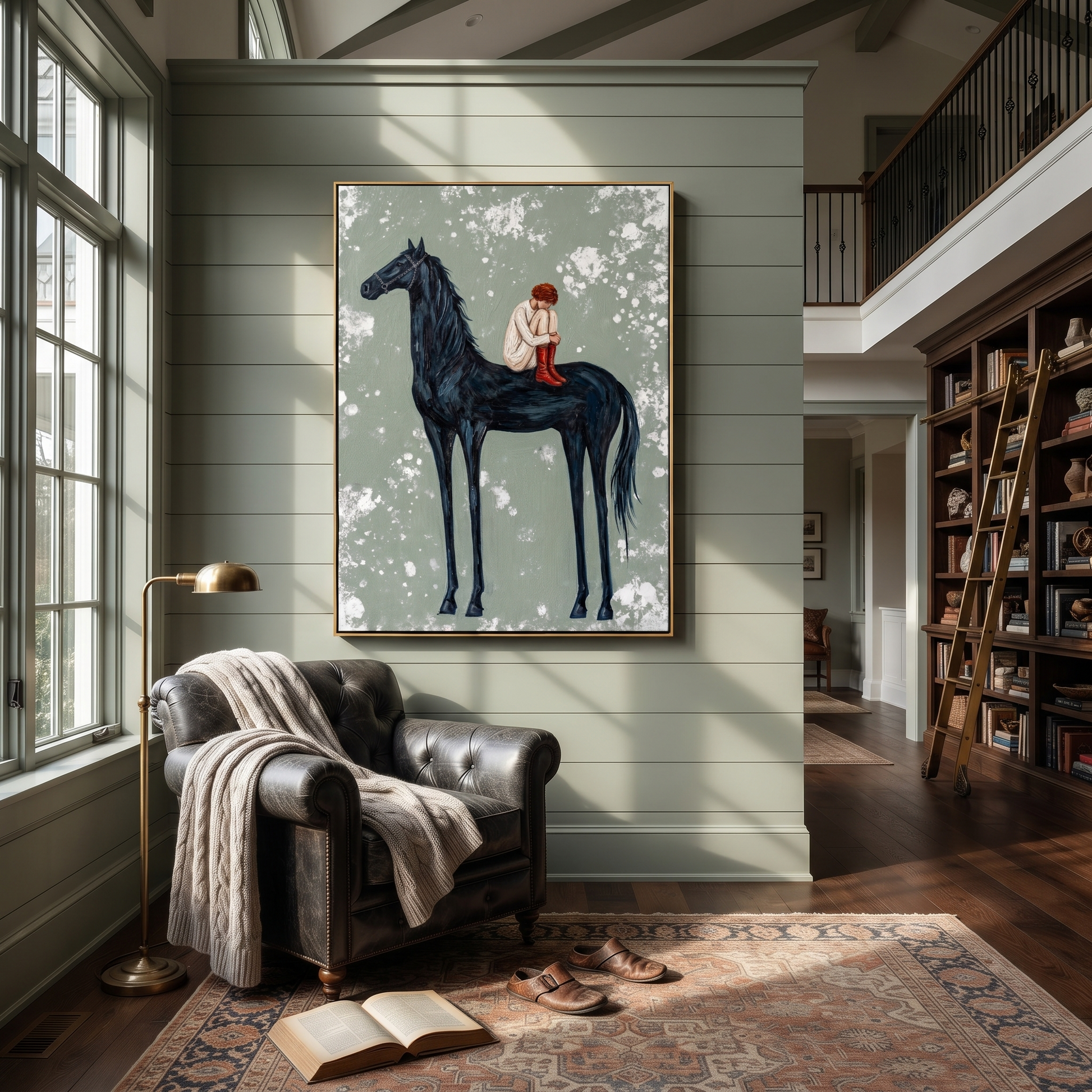 Sage Horizon Guard the Silence - figure and horse painting by Isabelle Laurent, modern Western vertical wall art – styled room scene view 3
