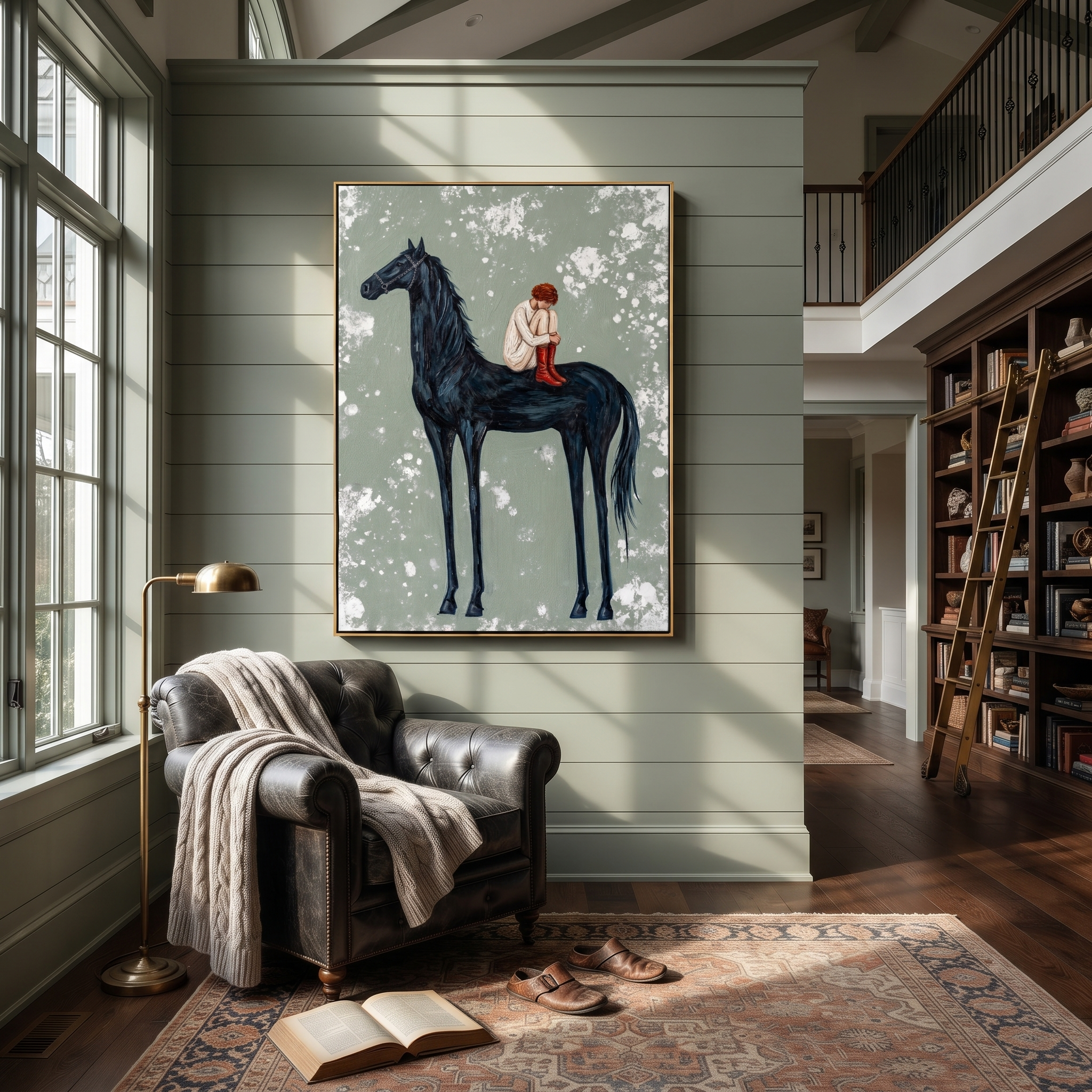 Sage Horizon Guard the Silence - figure and horse painting by Isabelle Laurent, modern Western vertical wall art – styled room scene view 3