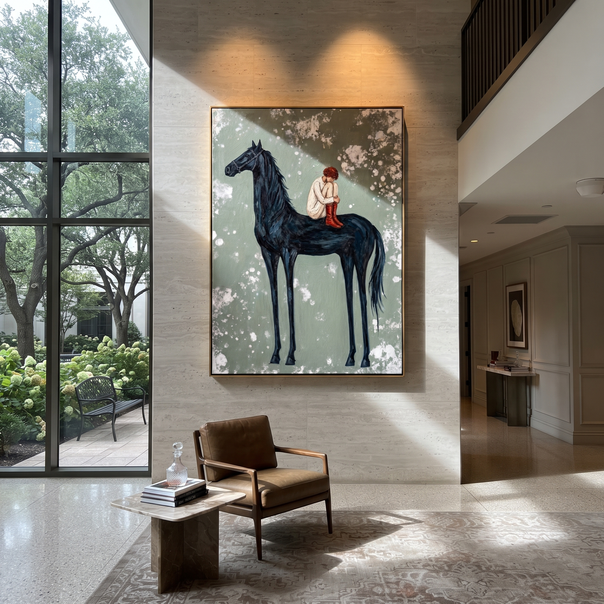 Sage Horizon Guard the Silence - figure and horse painting by Isabelle Laurent, modern Western vertical wall art – styled room scene view 4