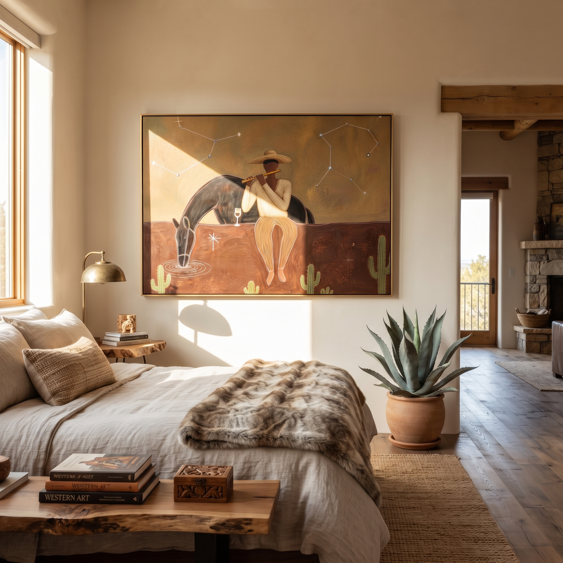Amber Trail Guard the Silence - figure and horse painting by Isabelle Laurent, modern Western horizontal wall art – styled room scene view 1