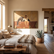 Amber Trail Guard the Silence - figure and horse painting by Isabelle Laurent, modern Western horizontal wall art – styled room scene view 1