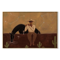 Amber Trail Guard the Silence - figure and horse painting by Isabelle Laurent, modern Western horizontal wall art – wood frame on white background