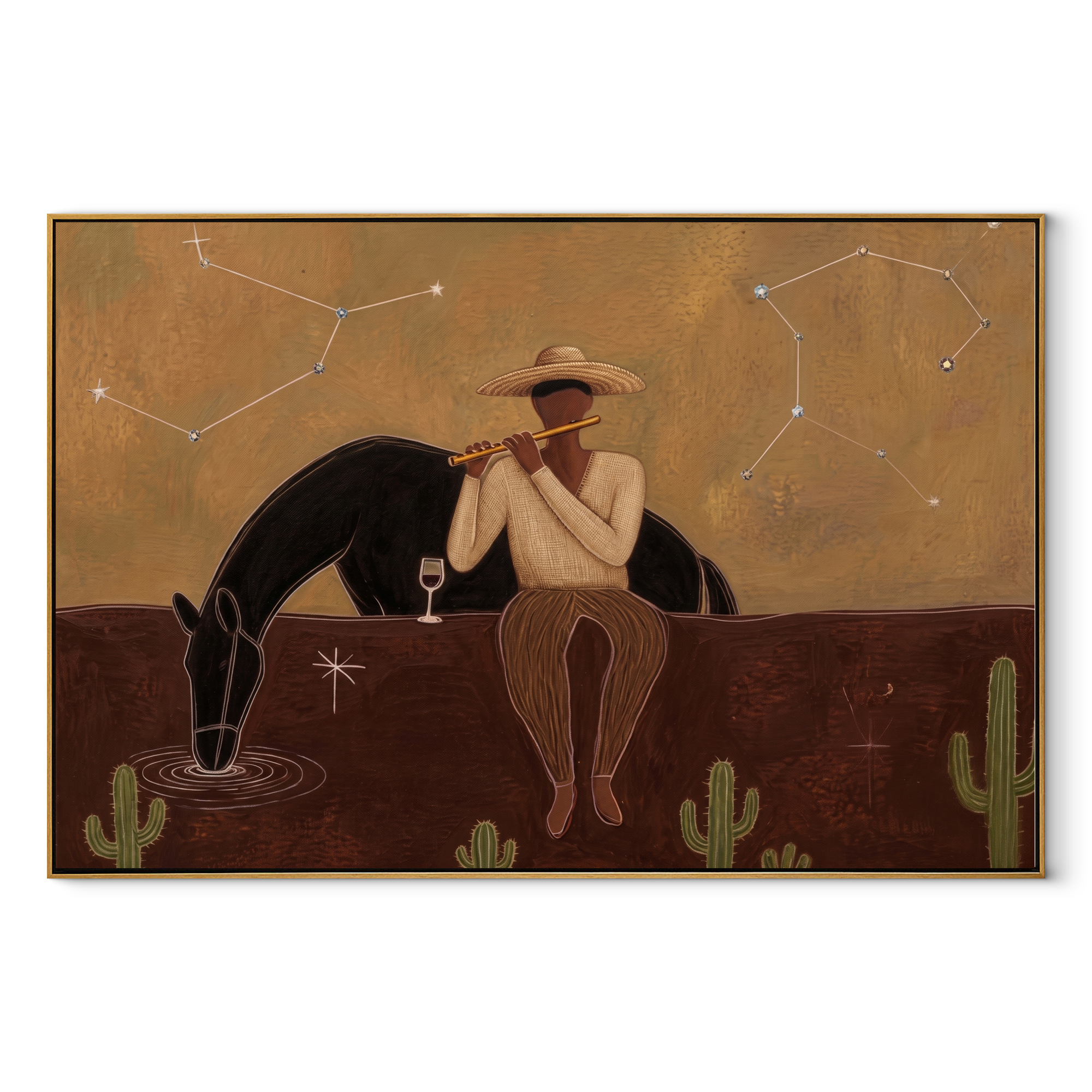 Amber Trail Guard the Silence - figure and horse painting by Isabelle Laurent, modern Western horizontal wall art – wood frame on white background