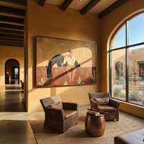 Amber Trail Guard the Silence - figure and horse painting by Isabelle Laurent, modern Western horizontal wall art – styled room scene view 2