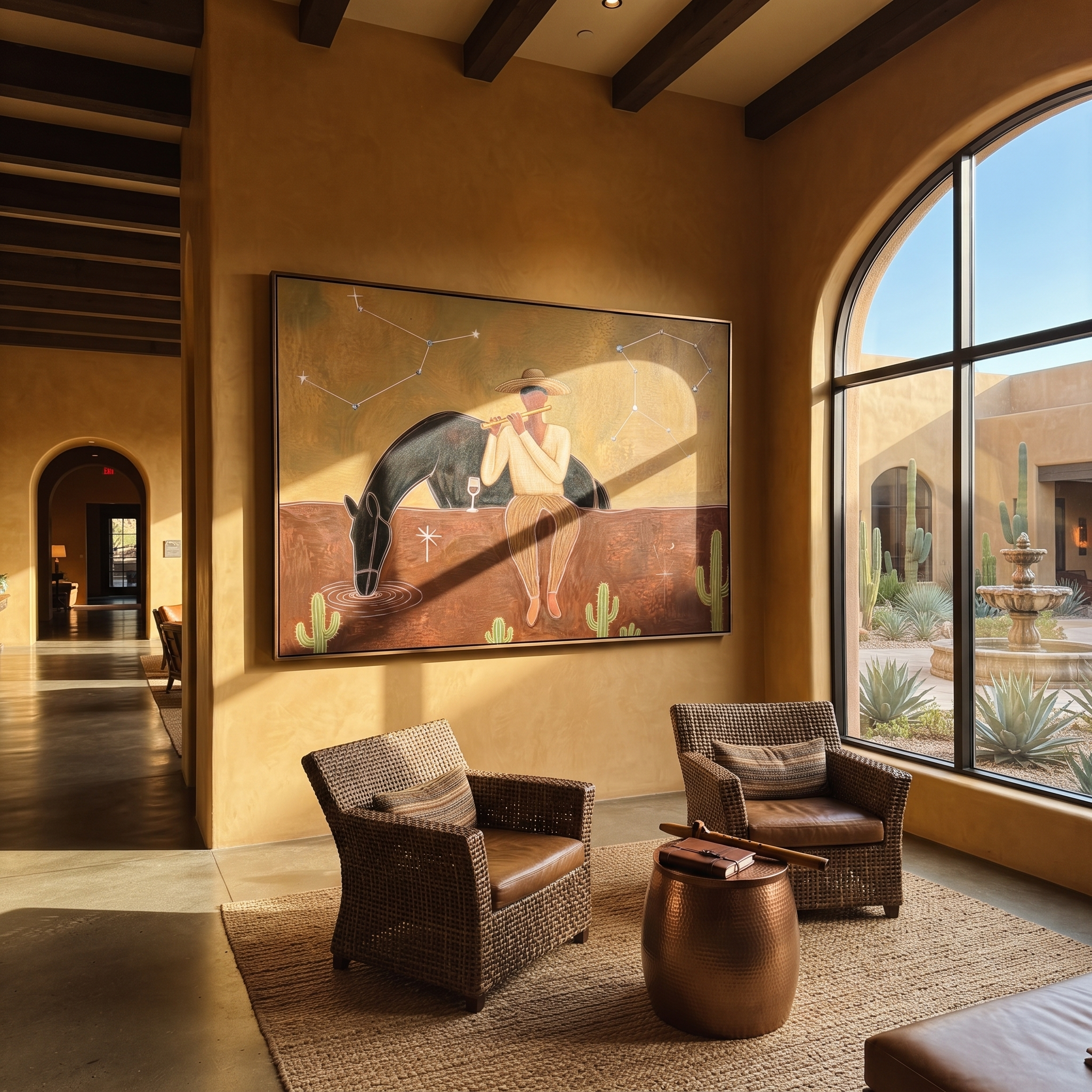 Amber Trail Guard the Silence - figure and horse painting by Isabelle Laurent, modern Western horizontal wall art – styled room scene view 2