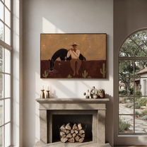 Amber Trail Guard the Silence - figure and horse painting by Isabelle Laurent, modern Western horizontal wall art – styled room scene view 3