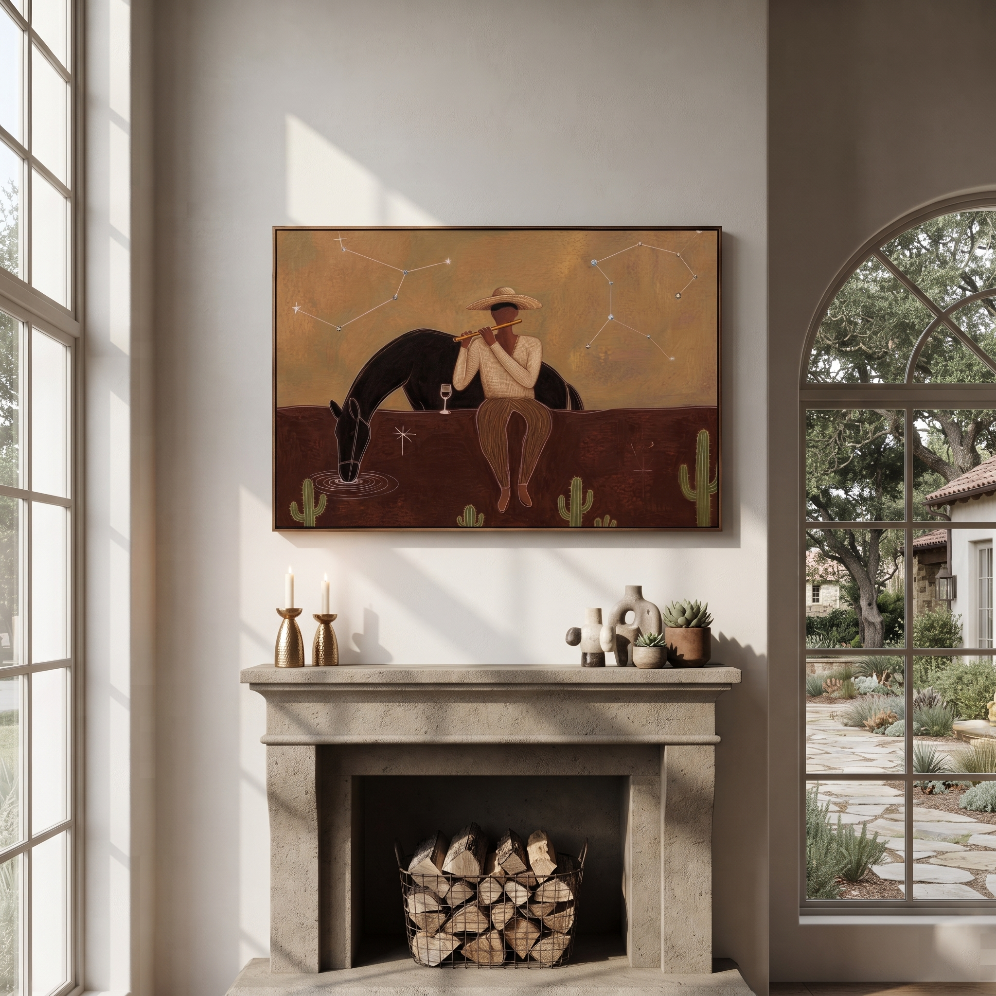 Amber Trail Guard the Silence - figure and horse painting by Isabelle Laurent, modern Western horizontal wall art – styled room scene view 3