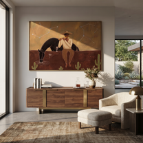 Amber Trail Guard the Silence - figure and horse painting by Isabelle Laurent, modern Western horizontal wall art – styled room scene view 4