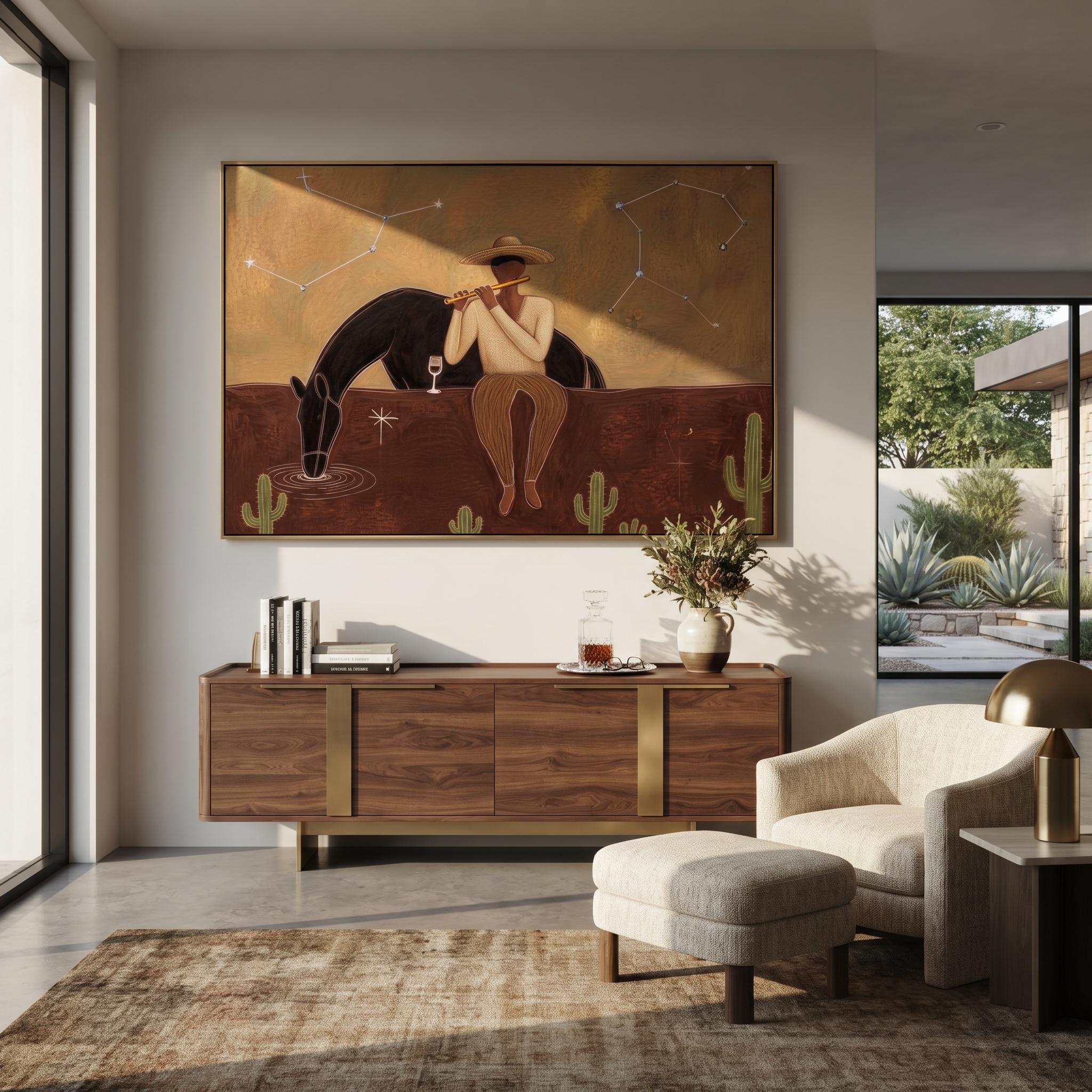 Amber Trail Guard the Silence - figure and horse painting by Isabelle Laurent, modern Western horizontal wall art – styled room scene view 4