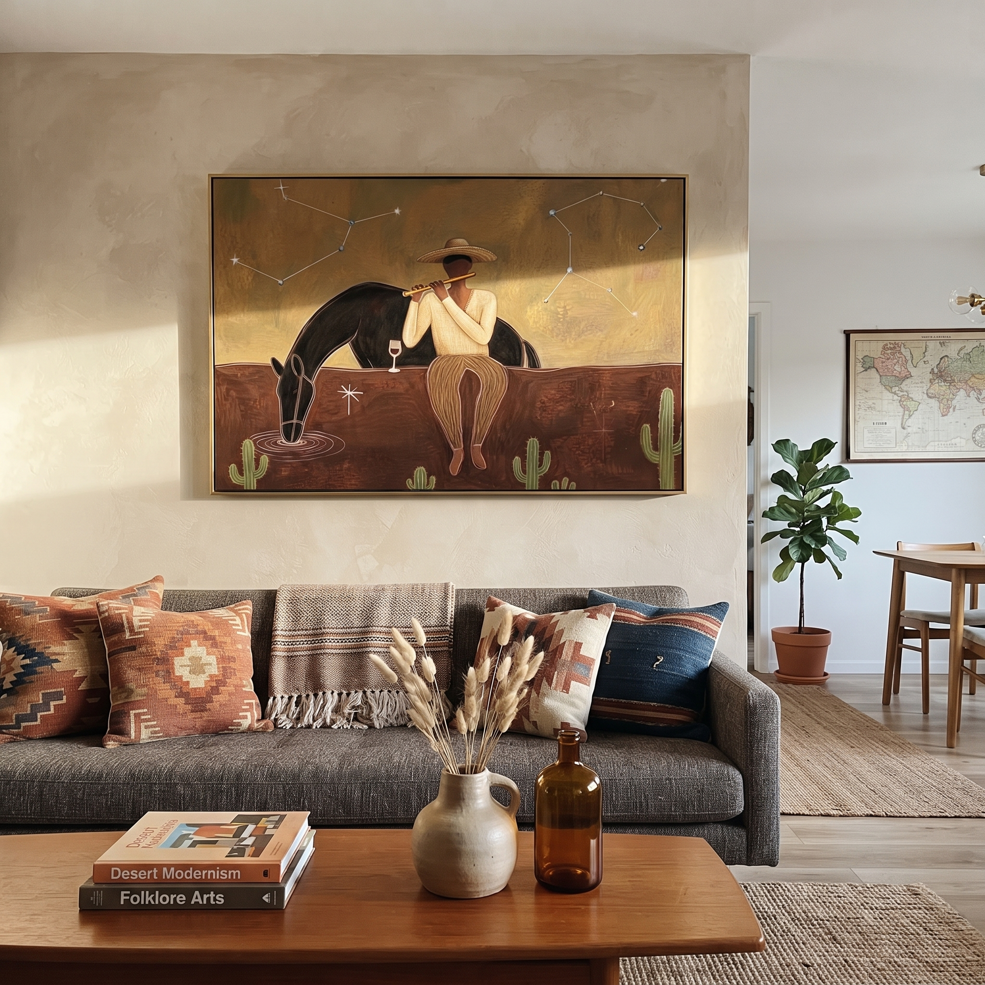Amber Trail Guard the Silence - figure and horse painting by Isabelle Laurent, modern Western horizontal wall art – styled room scene view 5