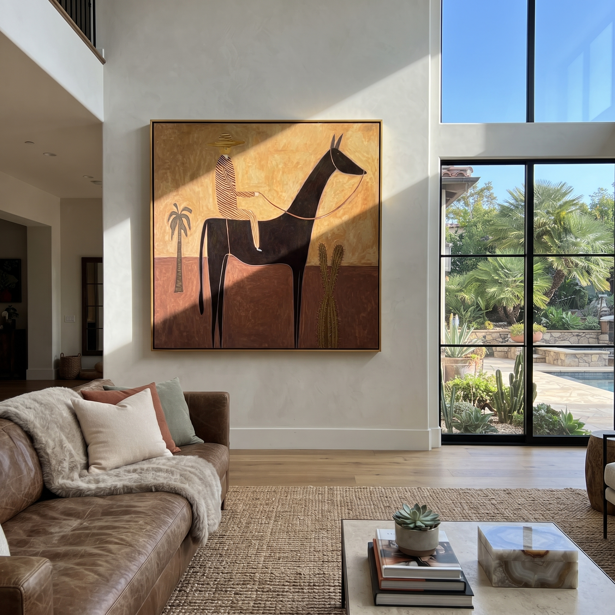 Still Hooves Move through Olive - horse and rider painting by Isabelle Laurent, modern Western square wall art – styled room scene view 1