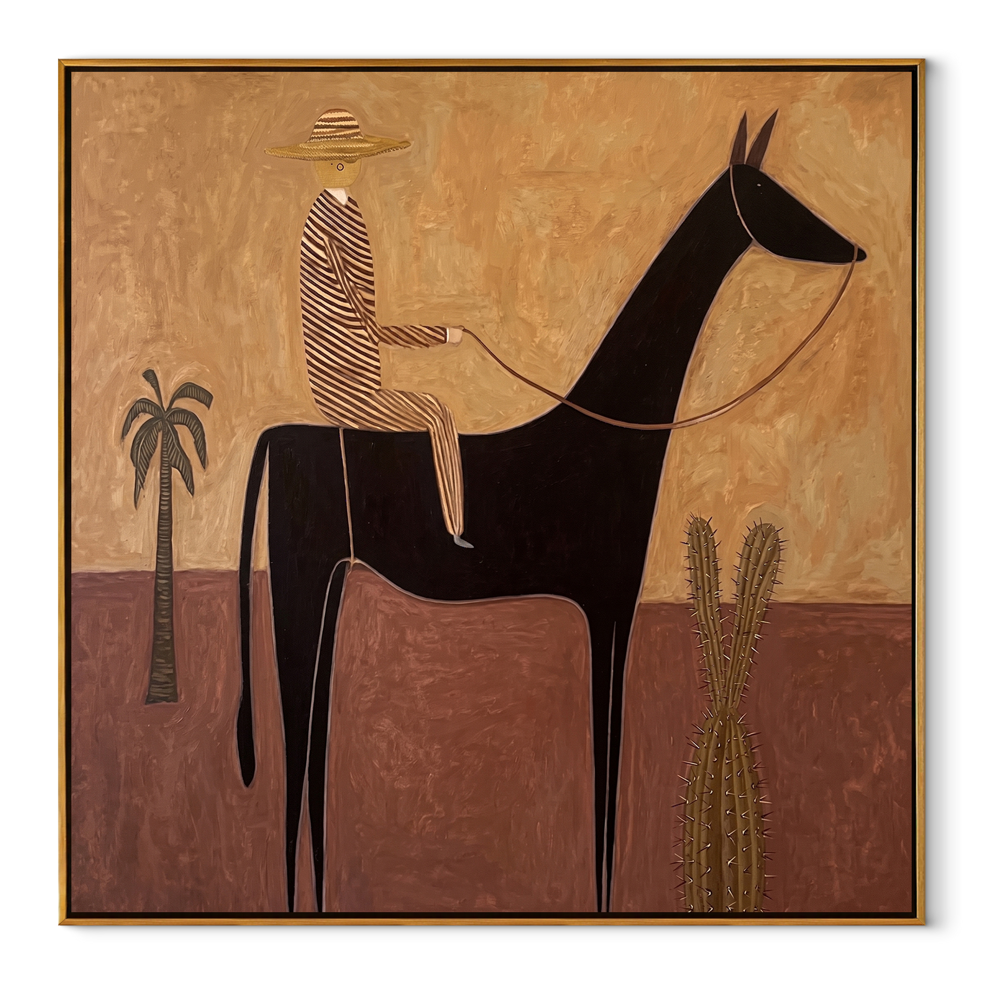 Still Hooves Move through Olive - horse and rider painting by Isabelle Laurent, modern Western square wall art – wood frame on white background