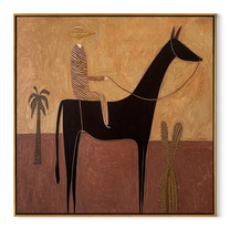 Still Hooves Move through Olive - horse and rider painting by Isabelle Laurent, modern Western square wall art – wood frame on white background