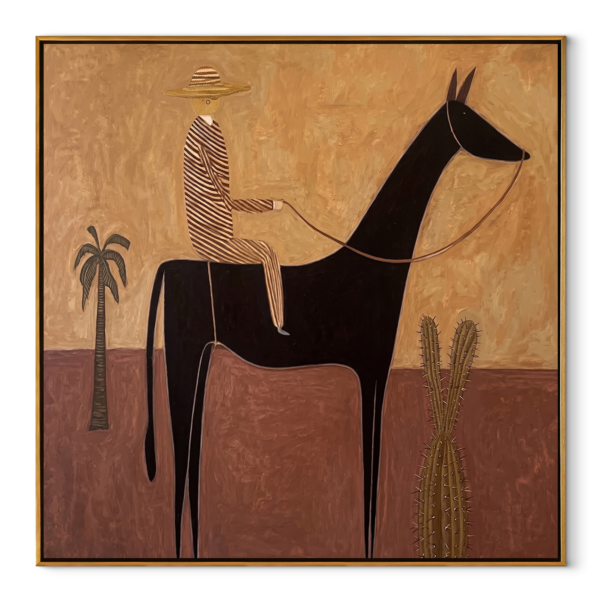 Still Hooves Move through Olive - horse and rider painting by Isabelle Laurent, modern Western square wall art – wood frame on white background