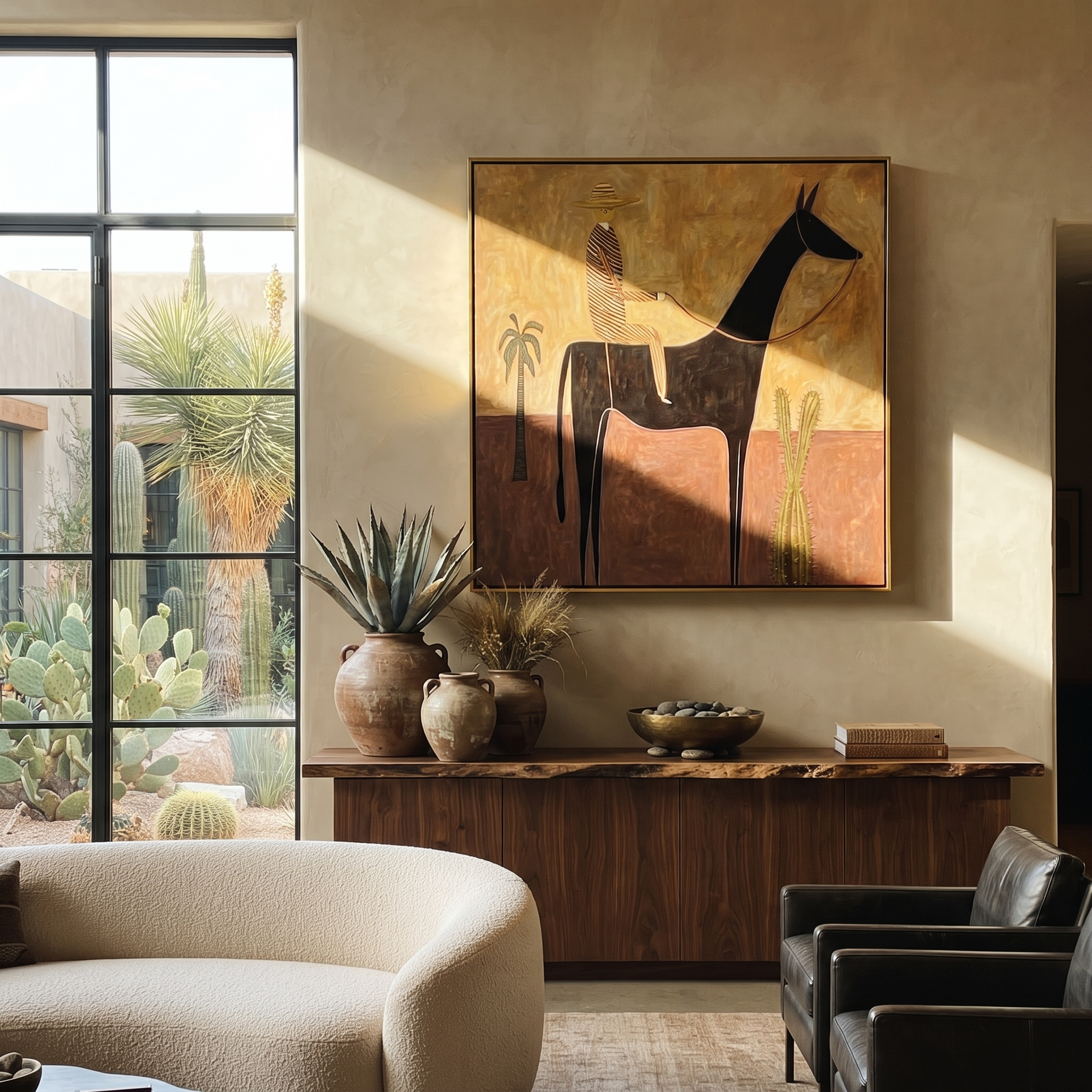 Still Hooves Move through Olive - horse and rider painting by Isabelle Laurent, modern Western square wall art – styled room scene view 2