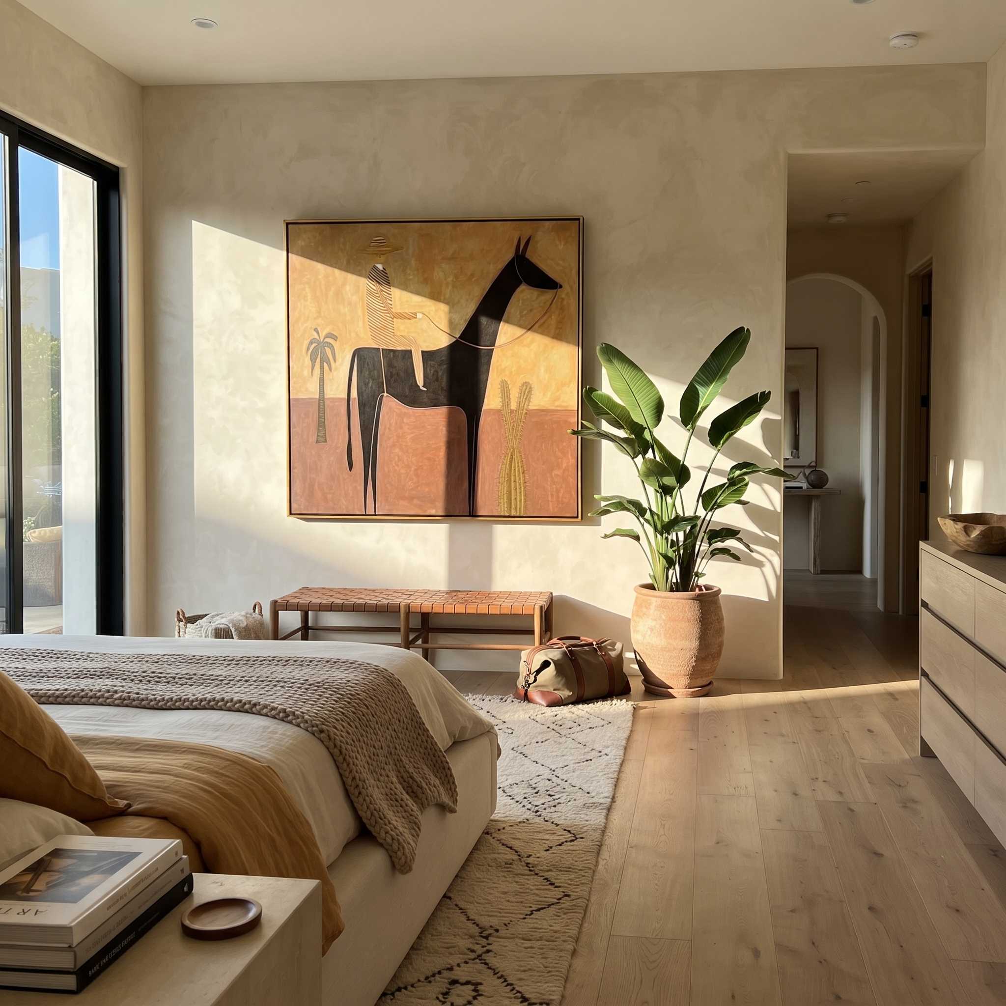 Still Hooves Move through Olive - horse and rider painting by Isabelle Laurent, modern Western square wall art – styled room scene view 3