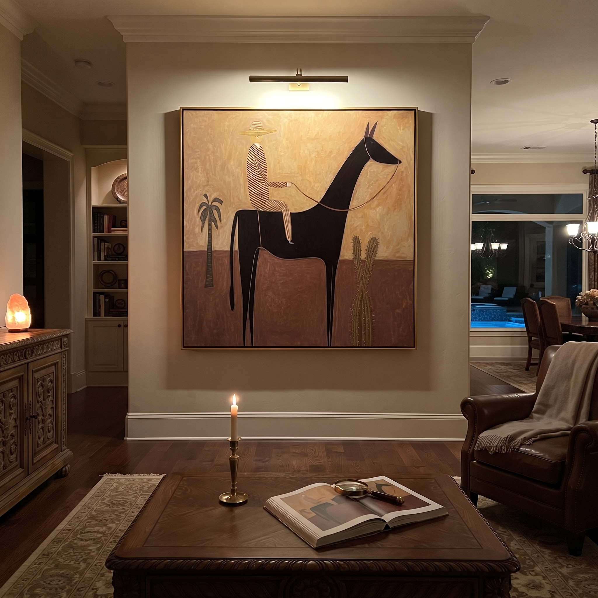 Still Hooves Move through Olive - horse and rider painting by Isabelle Laurent, modern Western square wall art – styled room scene view 4