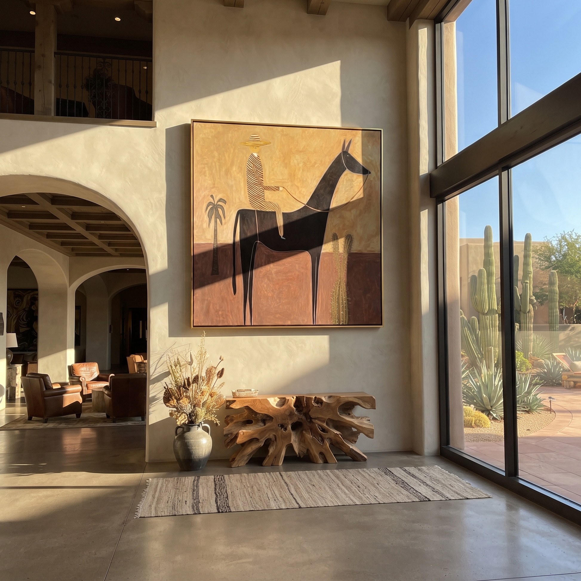 Still Hooves Move through Olive - horse and rider painting by Isabelle Laurent, modern Western square wall art – styled room scene view 5