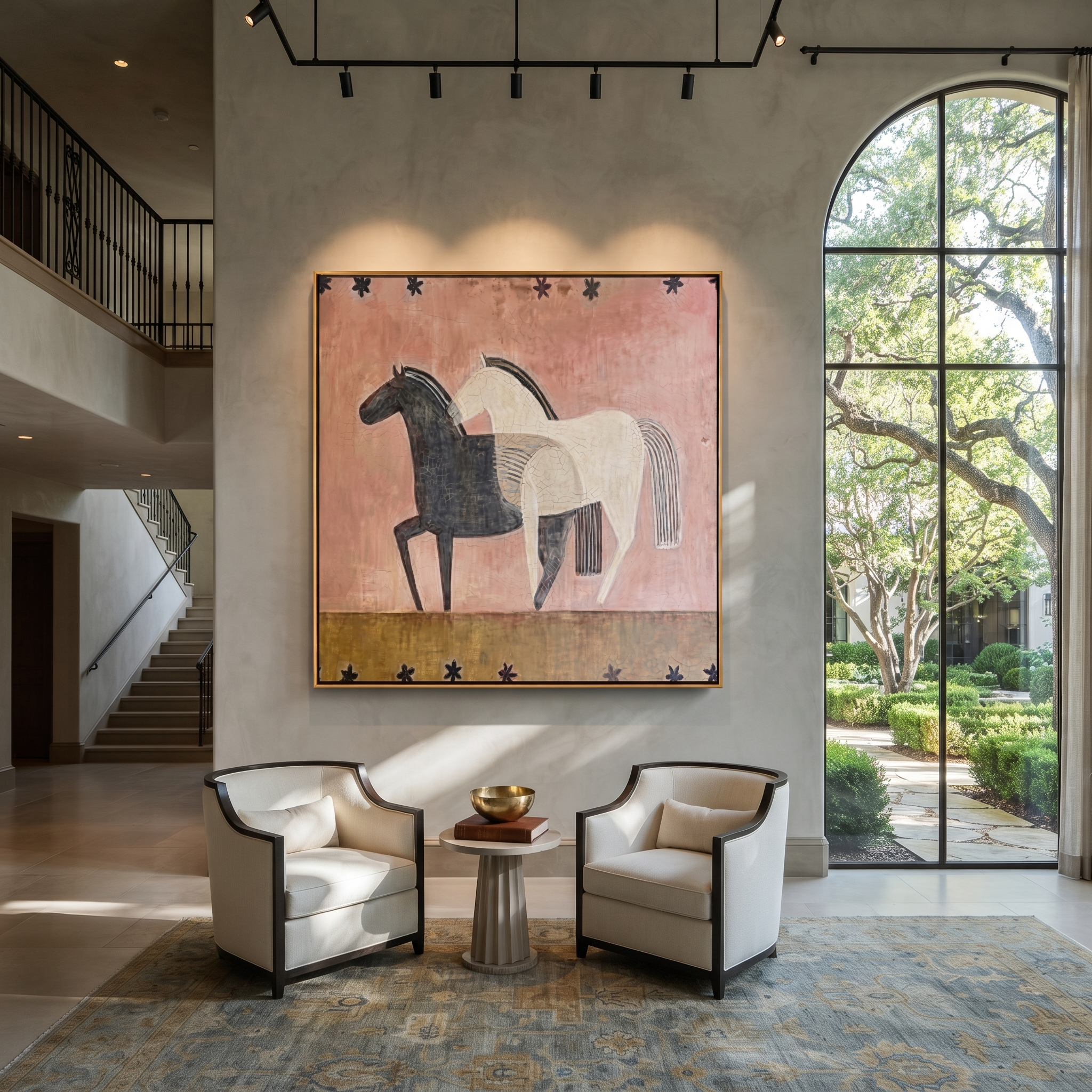 Midnight Rider Move through Olive - two horse painting by Isabelle Laurent, modern Western square wall art – styled room scene view 1
