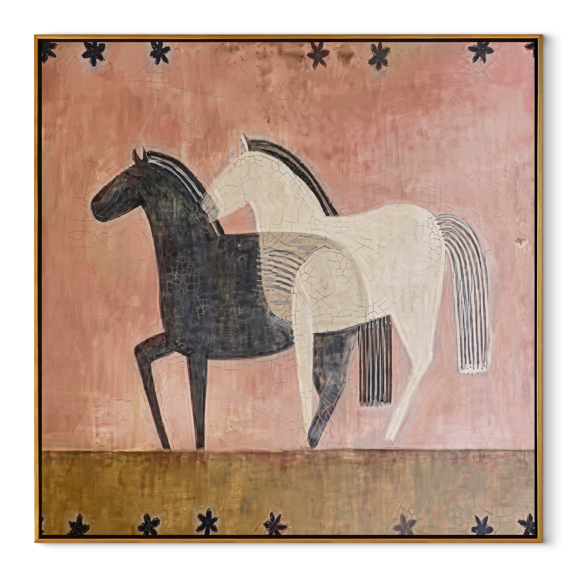 Midnight Rider Move through Olive - two horse painting by Isabelle Laurent, modern Western square wall art – wood frame on white background