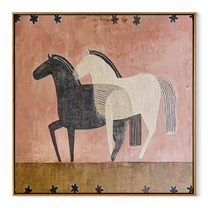 Midnight Rider Move through Olive - two horse painting by Isabelle Laurent, modern Western square wall art – wood frame on white background