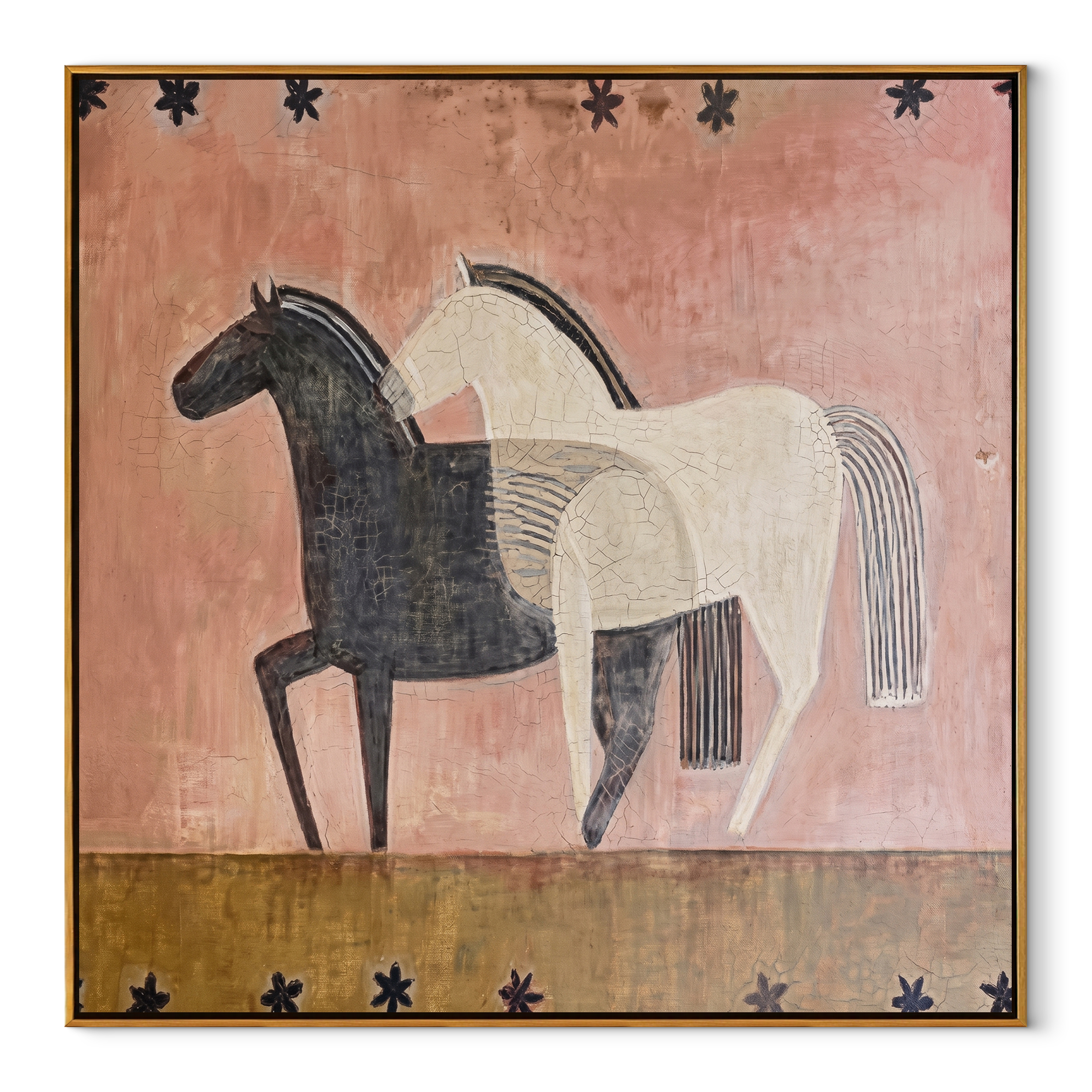 Midnight Rider Move through Olive - two horse painting by Isabelle Laurent, modern Western square wall art – wood frame on white background