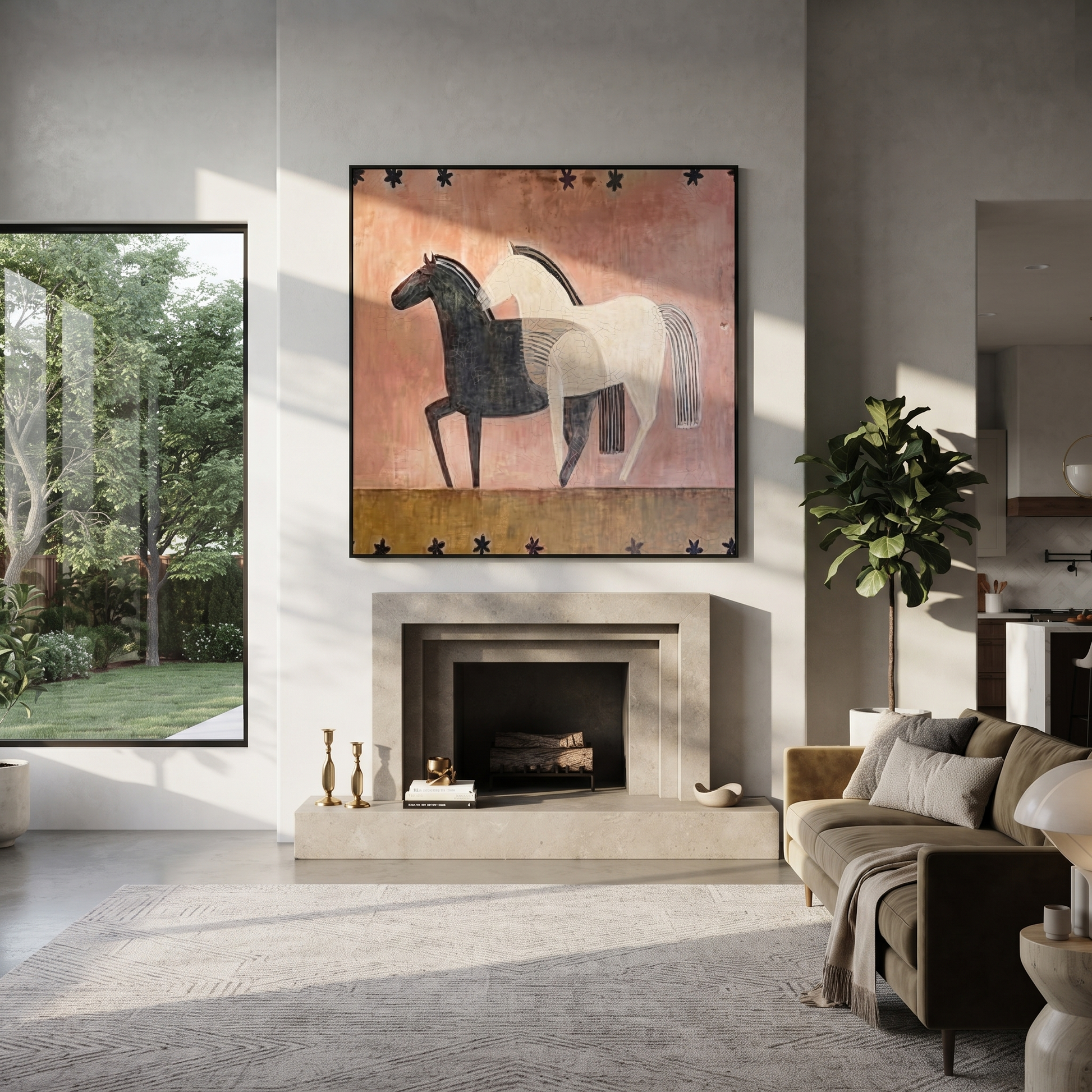 Midnight Rider Move through Olive - two horse painting by Isabelle Laurent, modern Western square wall art – styled room scene view 2