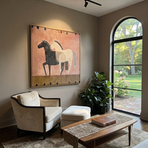Midnight Rider Move through Olive - two horse painting by Isabelle Laurent, modern Western square wall art – styled room scene view 3