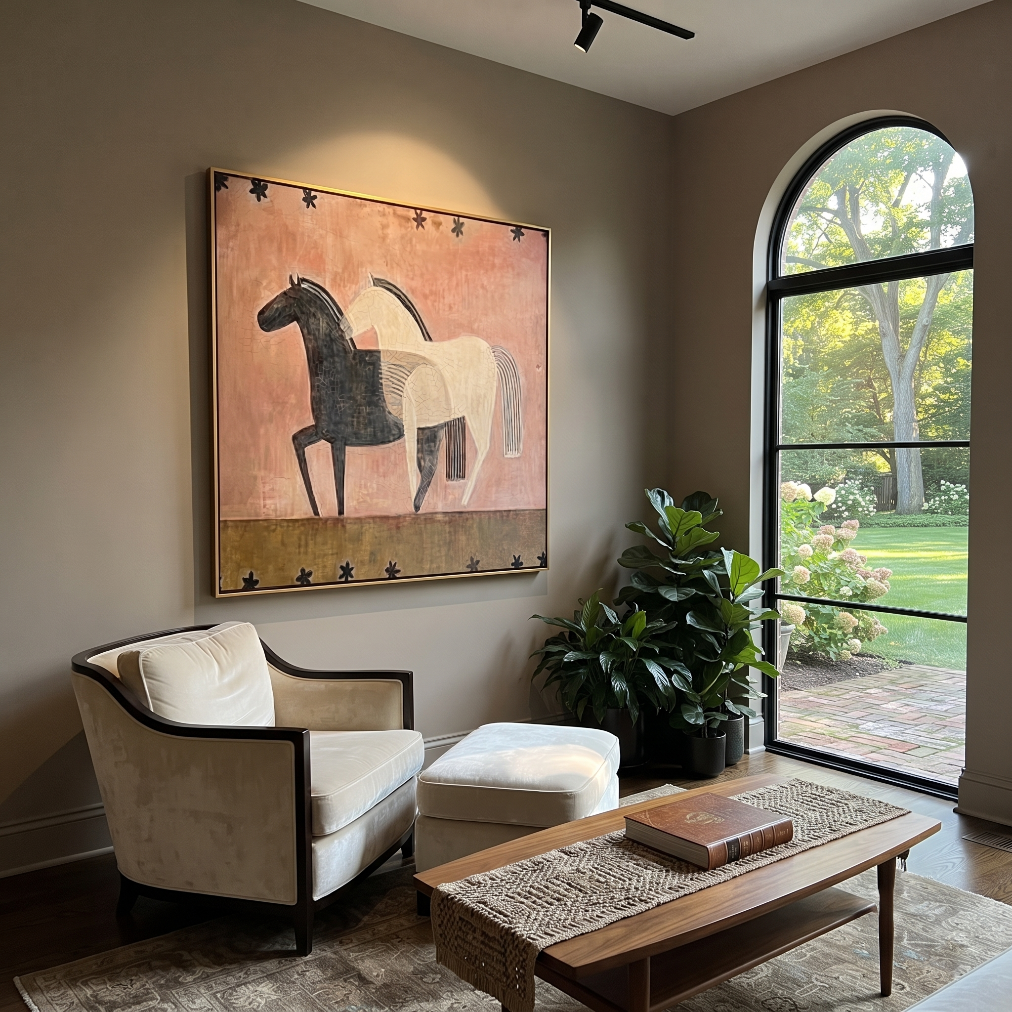 Midnight Rider Move through Olive - two horse painting by Isabelle Laurent, modern Western square wall art – styled room scene view 3