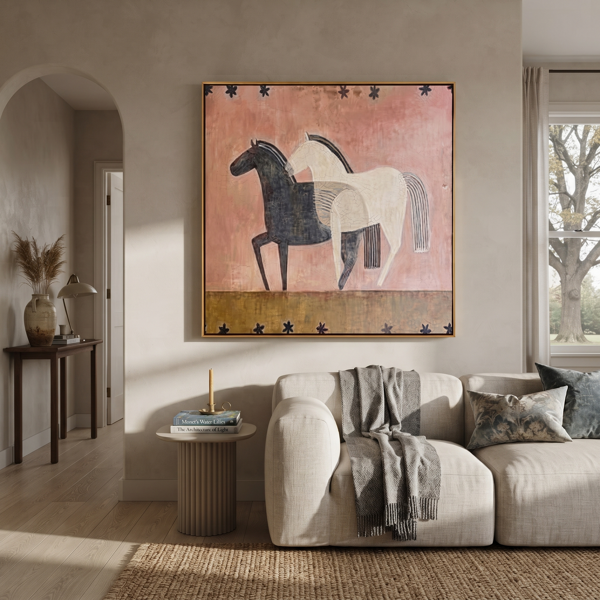 Midnight Rider Move through Olive - two horse painting by Isabelle Laurent, modern Western square wall art – styled room scene view 4