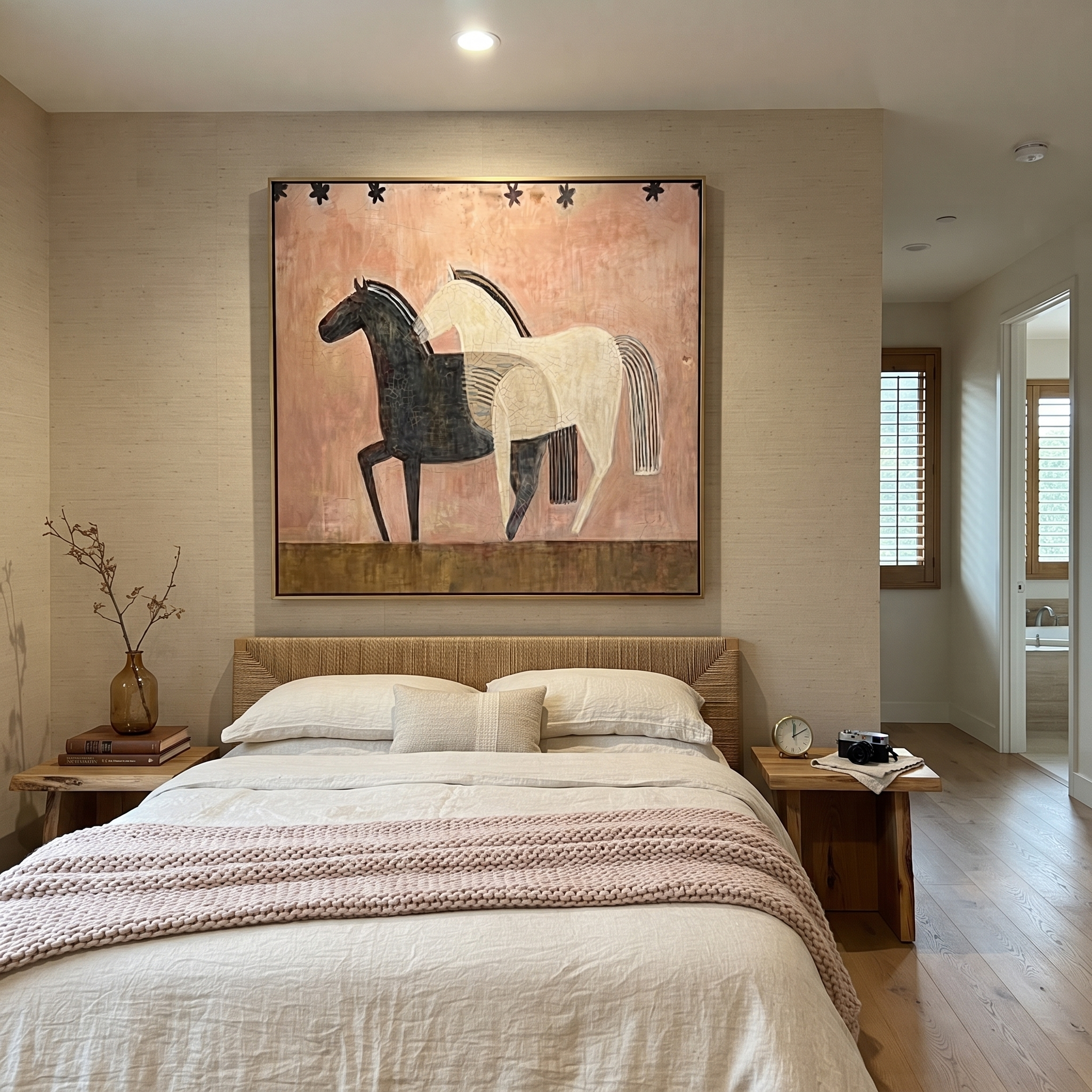 Midnight Rider Move through Olive - two horse painting by Isabelle Laurent, modern Western square wall art – styled room scene view 5