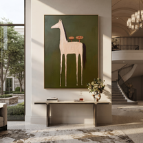 Quiet Reins Move through Olive - modern horse portrait by Isabelle Laurent, modern Western vertical wall art – styled room scene view 1