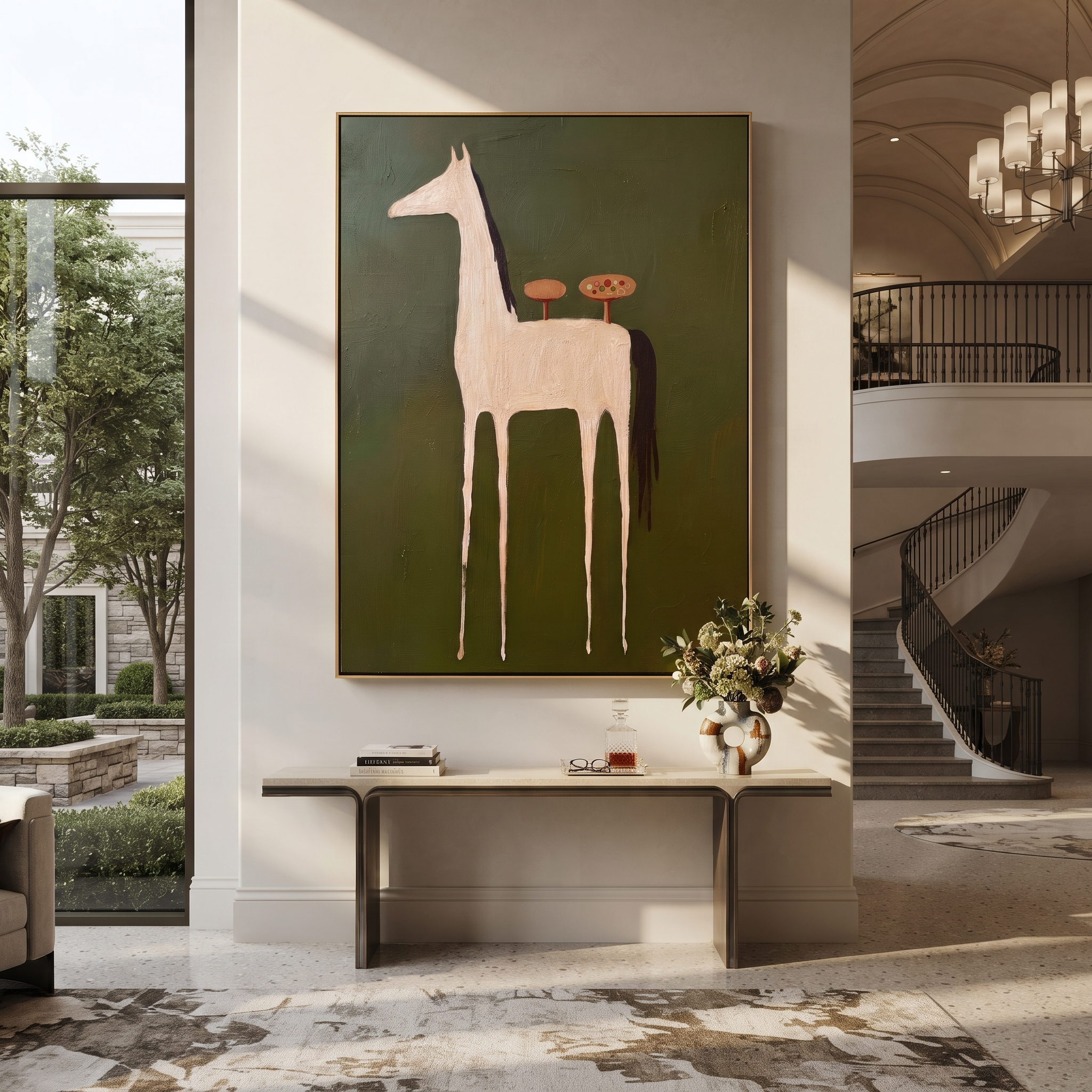 Quiet Reins Move through Olive - modern horse portrait by Isabelle Laurent, modern Western vertical wall art – styled room scene view 1