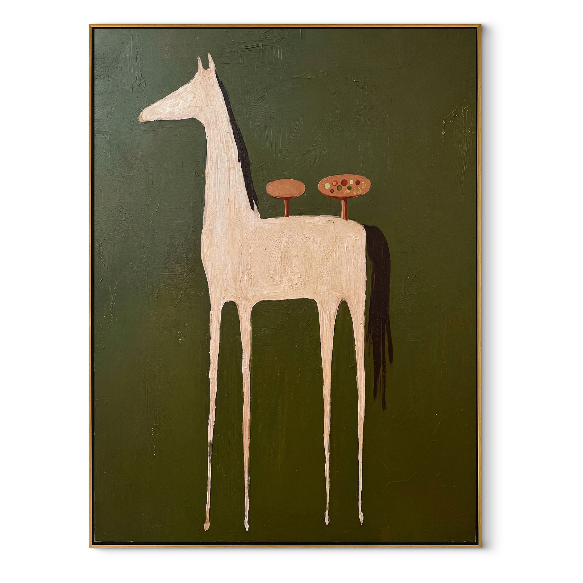 Quiet Reins Move through Olive - modern horse portrait by Isabelle Laurent, modern Western vertical wall art – wood frame on white background