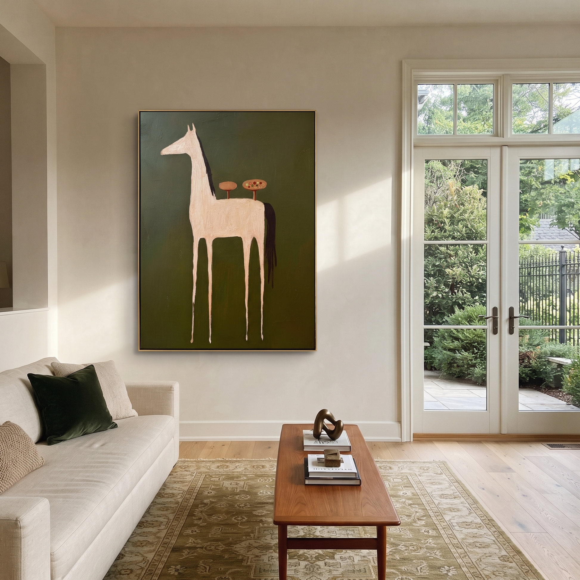 Quiet Reins Move through Olive - modern horse portrait by Isabelle Laurent, modern Western vertical wall art – styled room scene view 2