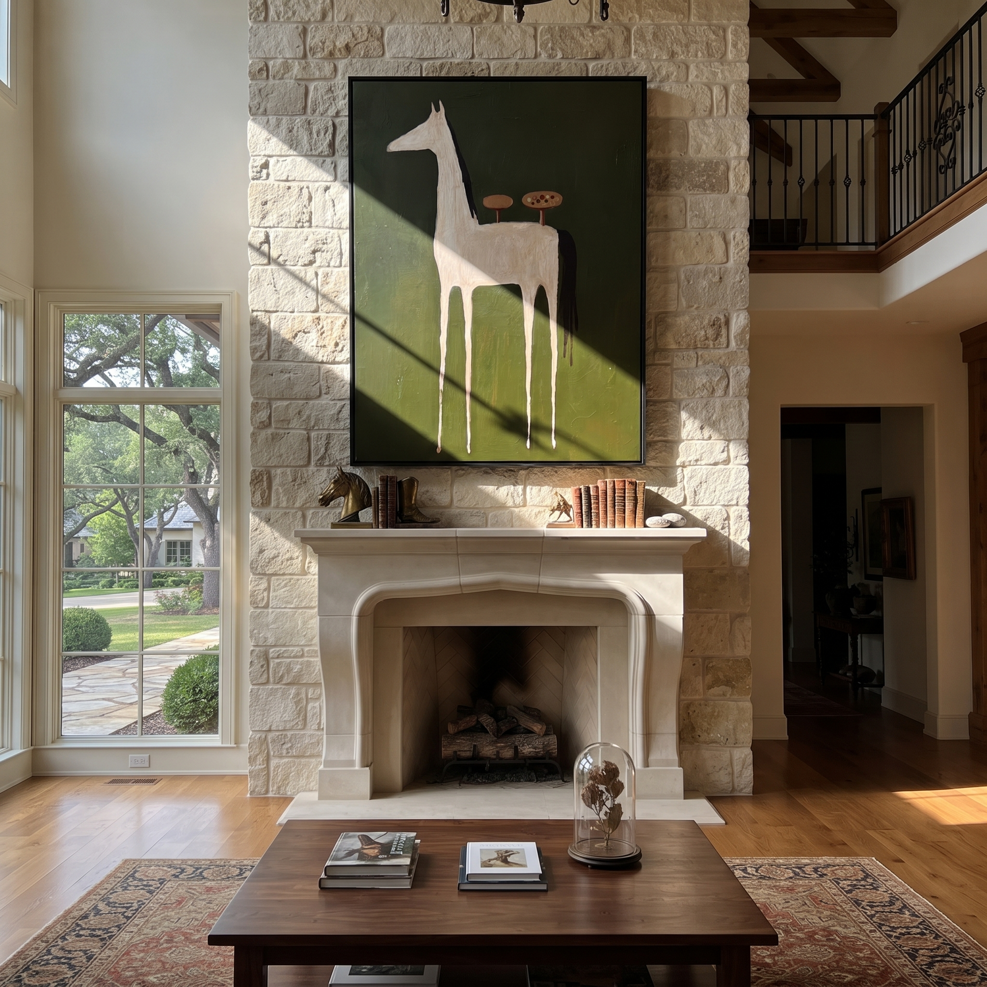 Quiet Reins Move through Olive - modern horse portrait by Isabelle Laurent, modern Western vertical wall art – styled room scene view 3