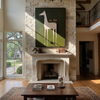 Quiet Reins Move through Olive - modern horse portrait by Isabelle Laurent, modern Western vertical wall art – styled room scene view 3